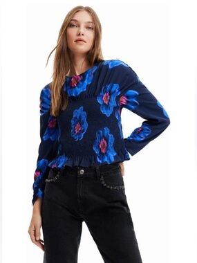 Desigual Martina Floral Smocked Blouse - Blue Digital Flower Print - Size S NWT